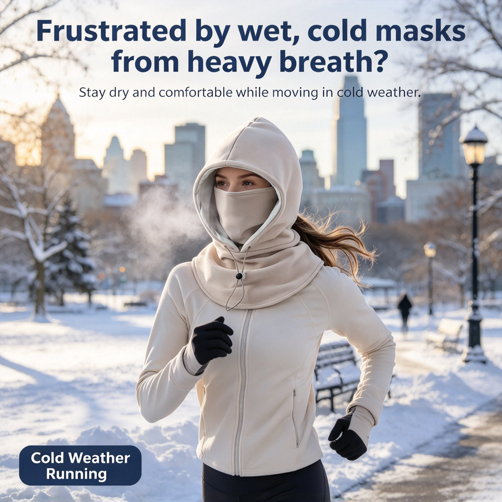 Runner wearing a beige winter hood