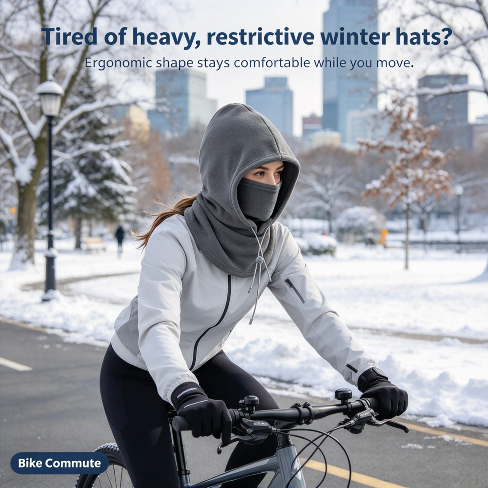 Cyclist wearing a gray winter hood