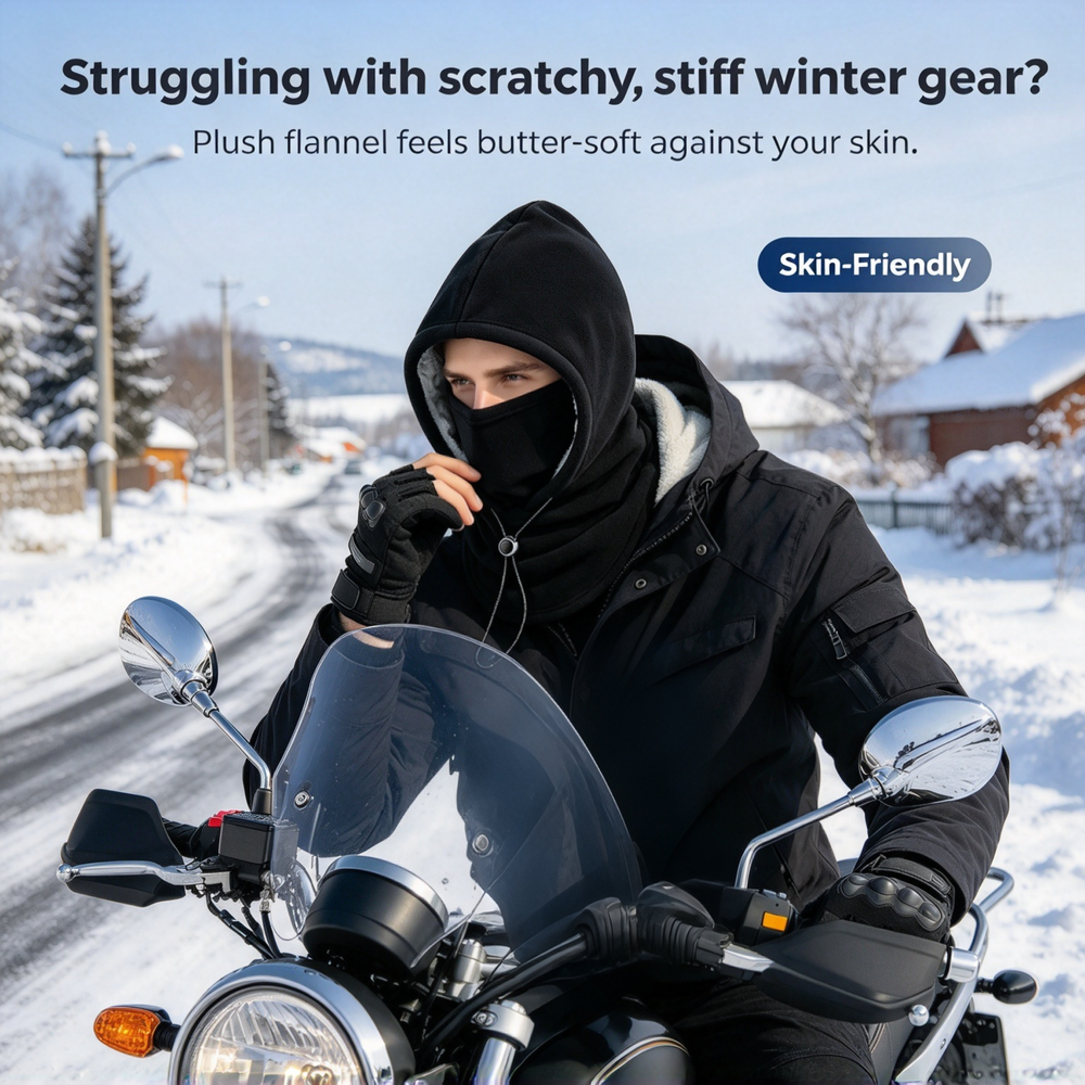 Black winter hood showing soft flannel comfort