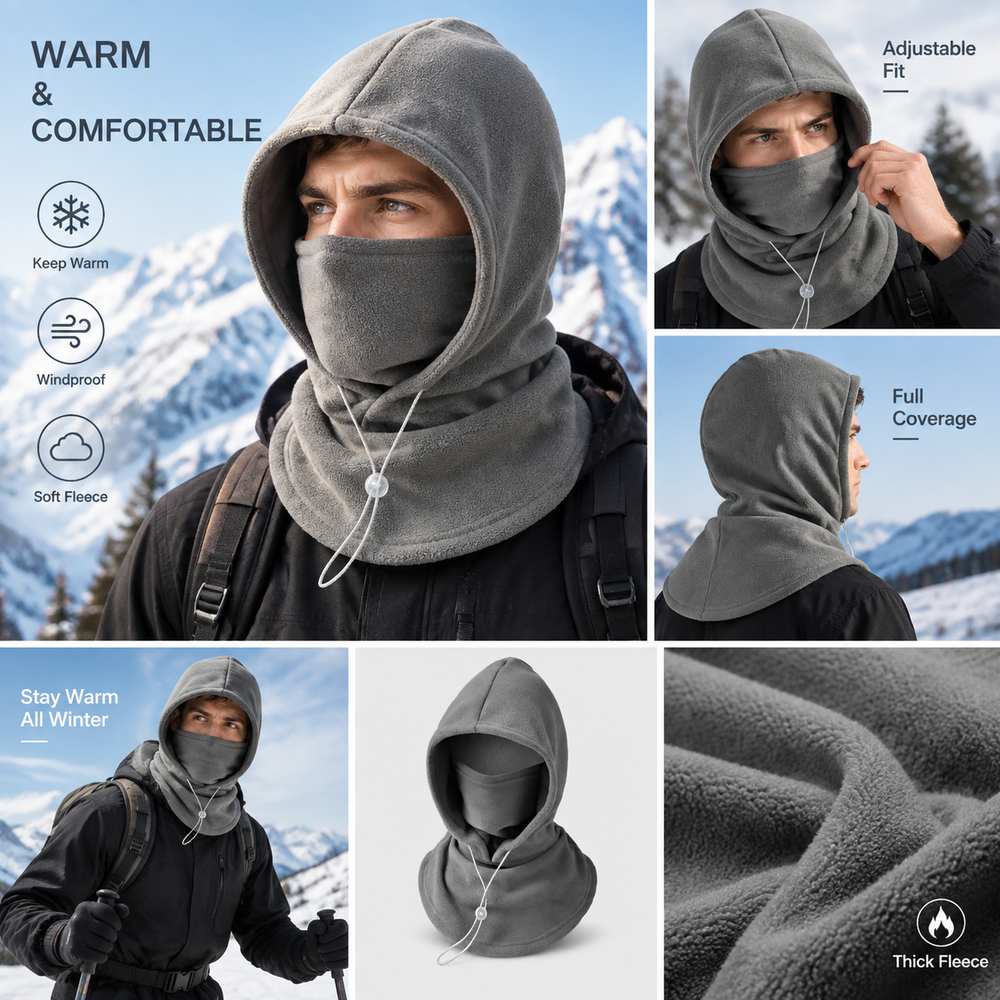 Winter hood showing head, face and neck coverage